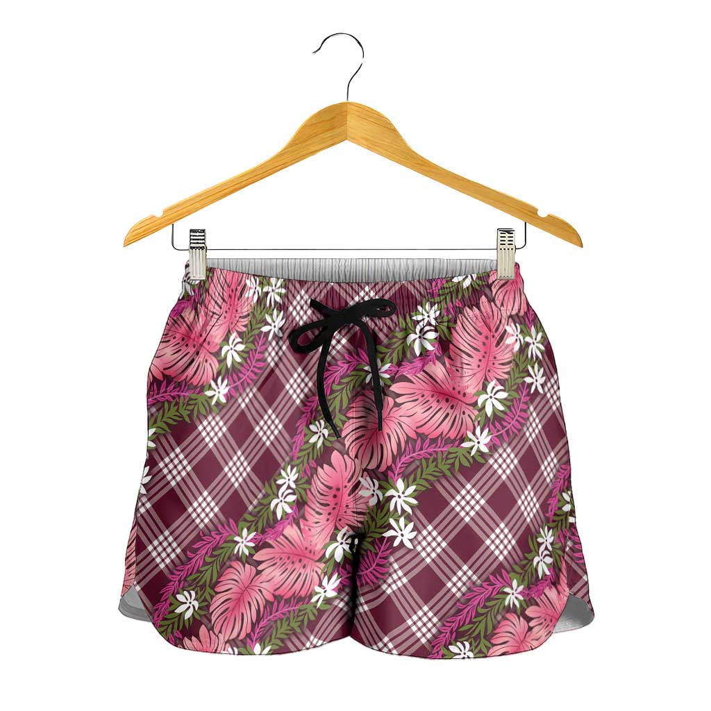 Polynesian Monstera Tiare Floral Shorts for Women Fuchsia Tropical Plaid - Polynesian Pride