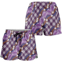 Polynesian Monstera Tiare Floral Shorts for Women Lavender Tropical Plaid - Polynesian Pride