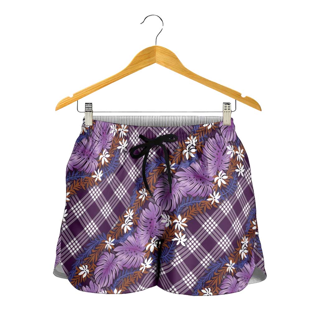 Polynesian Monstera Tiare Floral Shorts for Women Lavender Tropical Plaid - Polynesian Pride