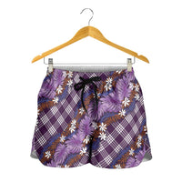 Polynesian Monstera Tiare Floral Shorts for Women Lavender Tropical Plaid - Polynesian Pride