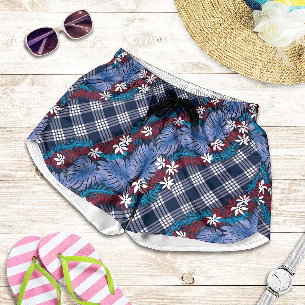 Polynesian Monstera Tiare Floral Shorts for Women Royal Blue Tropical Plaid - Polynesian Pride