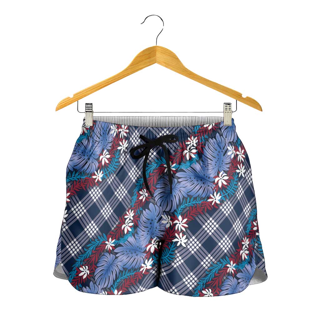 Polynesian Monstera Tiare Floral Shorts for Women Royal Blue Tropical Plaid - Polynesian Pride