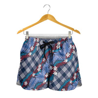 Polynesian Monstera Tiare Floral Shorts for Women Royal Blue Tropical Plaid - Polynesian Pride