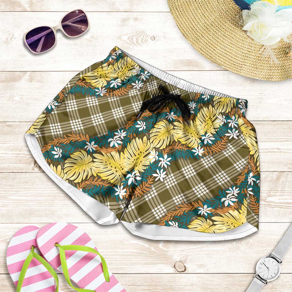 Polynesian Monstera Tiare Floral Shorts for Women Yellow Tropical Plaid - Polynesian Pride