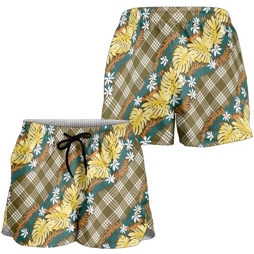 Polynesian Monstera Tiare Floral Shorts for Women Yellow Tropical Plaid - Polynesian Pride