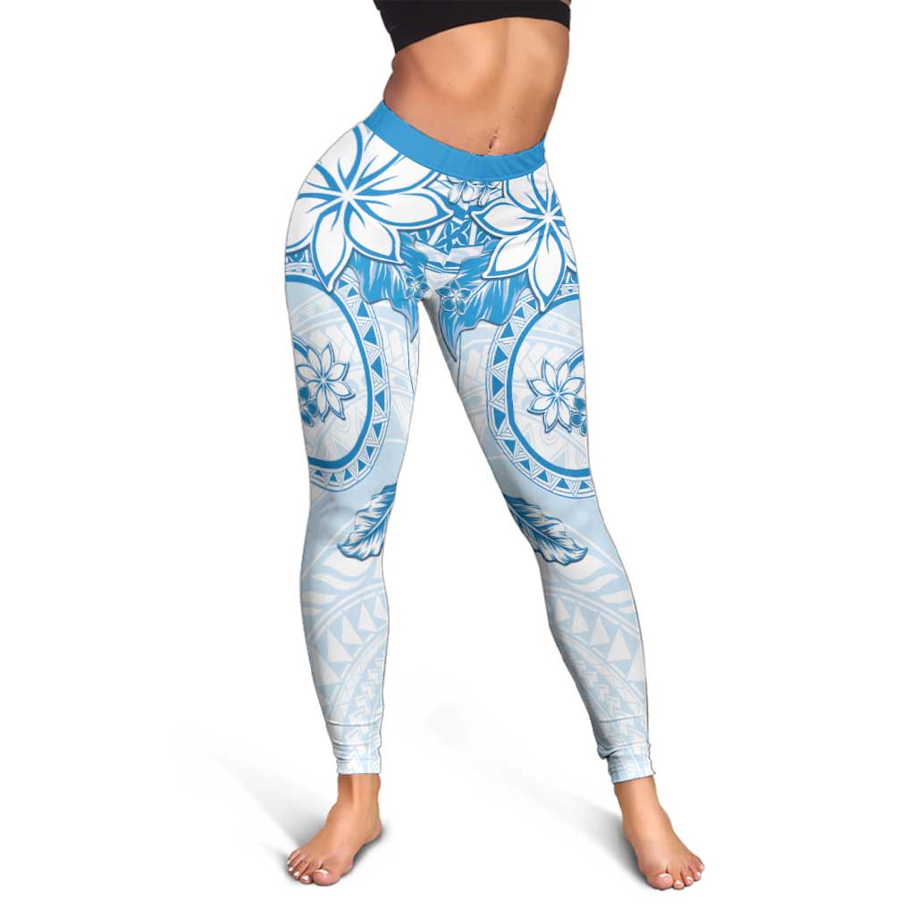 Polynesian Pattern With Plumeria Flowers Leggings Blue - Polynesian Pride