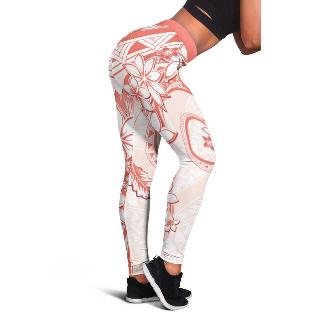 Polynesian Pattern With Plumeria Flowers Leggings Orange Peach - Polynesian Pride