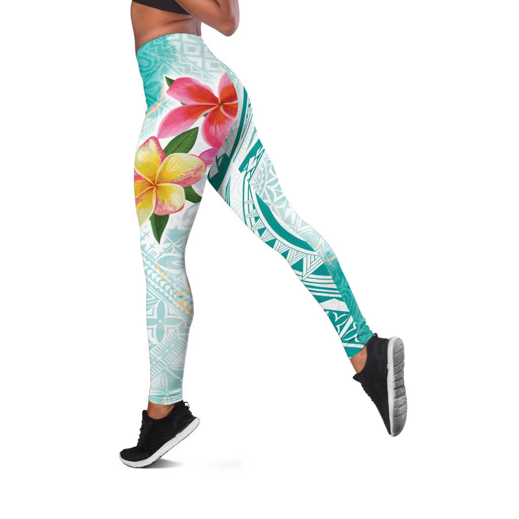 Polynesian Women's Day Wahine Leggings Plumeria Marble Glaze - Teal LT07