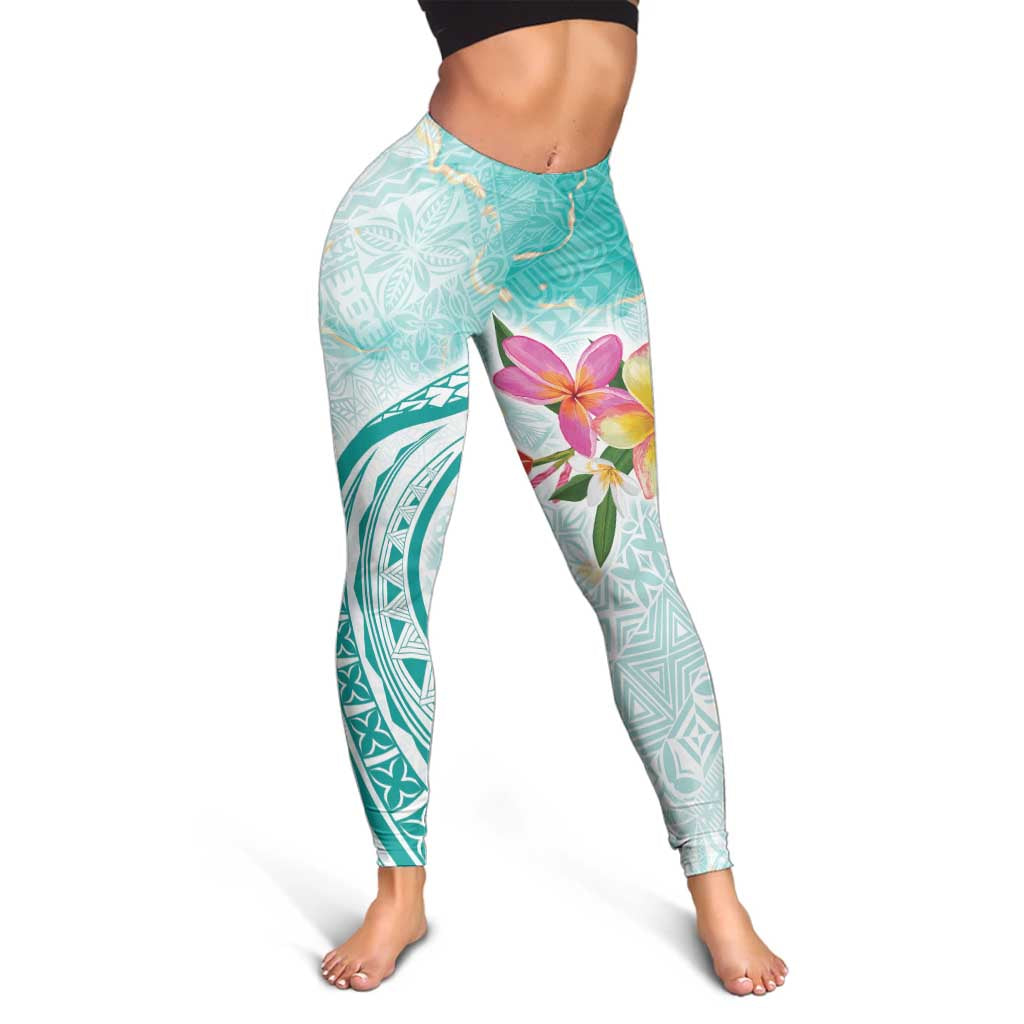 Polynesian Women's Day Wahine Leggings Plumeria Marble Glaze - Teal LT7