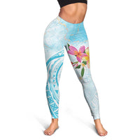 Polynesian Women's Day Wahine Leggings Plumeria Marble Glaze - Turquoise LT7