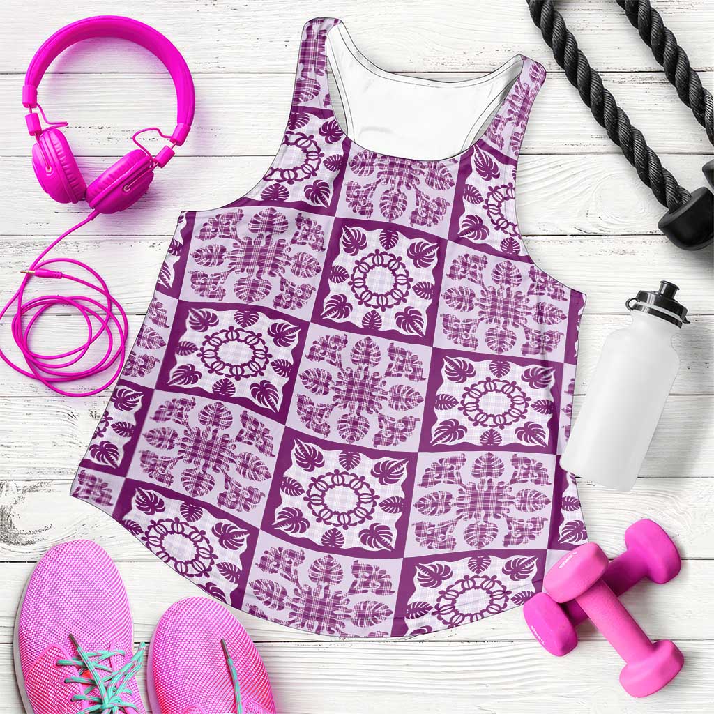 Poni Palaka Quilt Hawaii Women Racerback Tank Hawaiian Tropical Monstera Sea Turtle