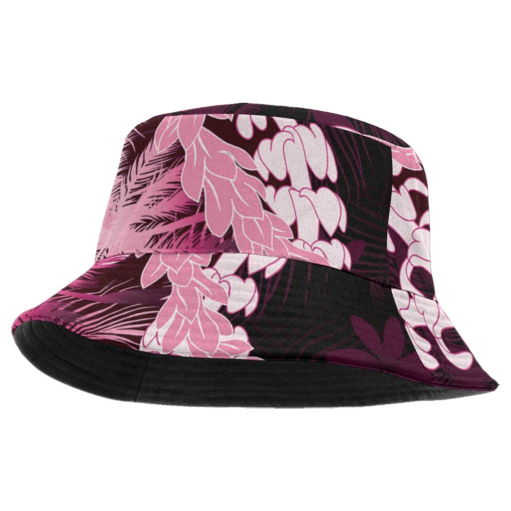 Puakenikeni Maile Lei Bucket Hat Frangipani Pink Tropical Leaves