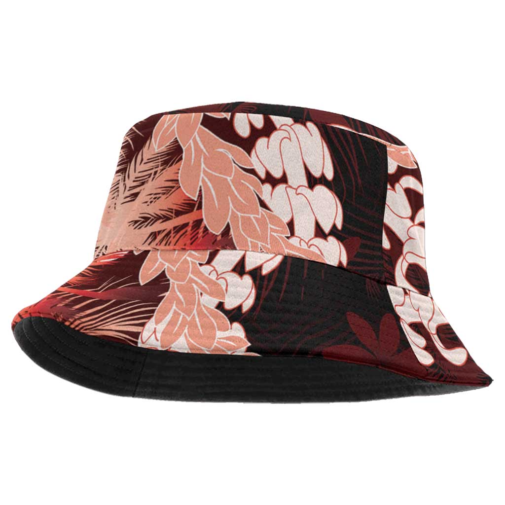 Puakenikeni Maile Lei Bucket Hat Frangipani Red Tropical Leaves