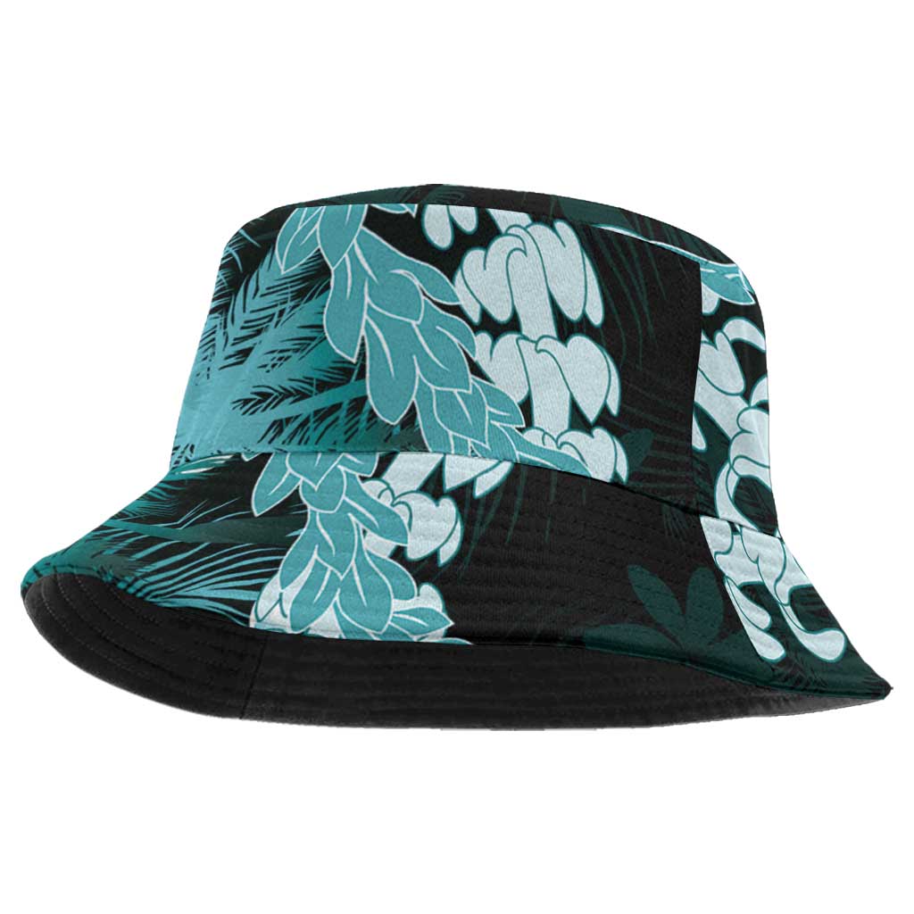 Puakenikeni Maile Lei Bucket Hat Frangipani Turquoise Tropical Leaves
