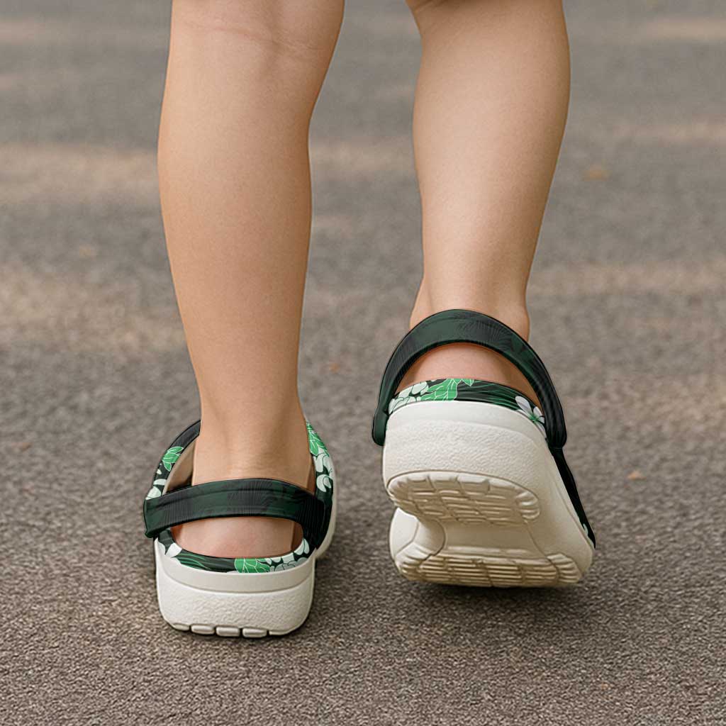 Puakenikeni Maile Lei Clogs Shoes Frangipani Green Tropical Leaves LT01 - Polynesian Pride