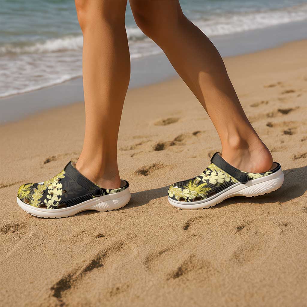Puakenikeni Maile Lei Clogs Shoes Frangipani Yellow Tropical Leaves