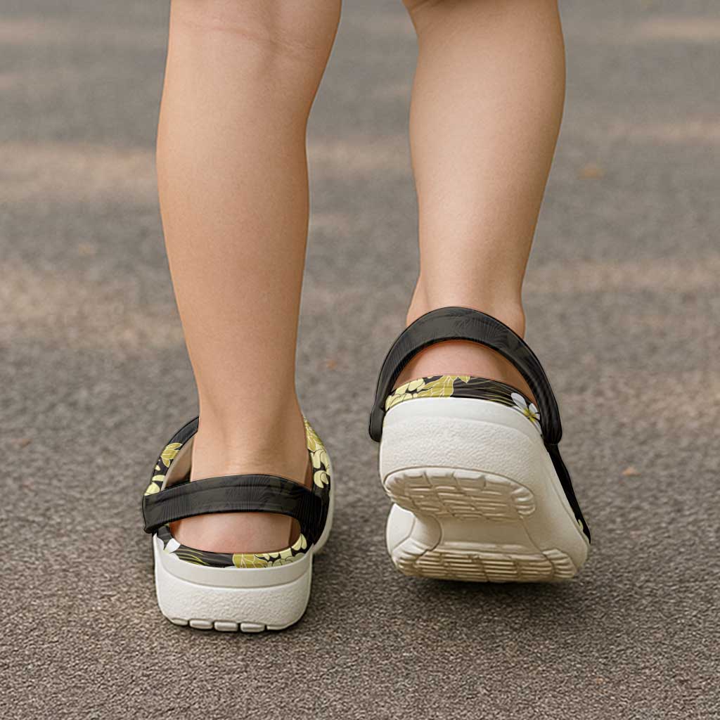 Puakenikeni Maile Lei Clogs Shoes Frangipani Yellow Tropical Leaves