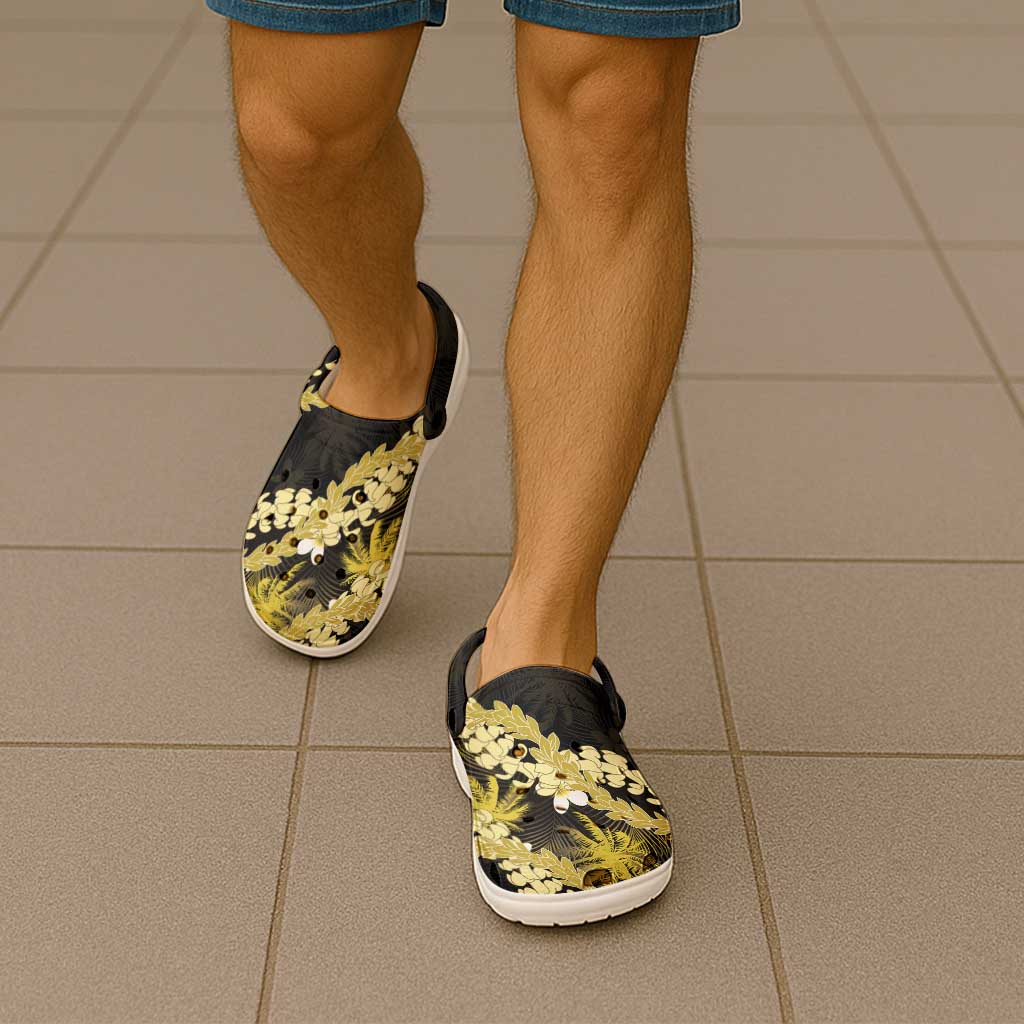 Puakenikeni Maile Lei Clogs Shoes Frangipani Yellow Tropical Leaves
