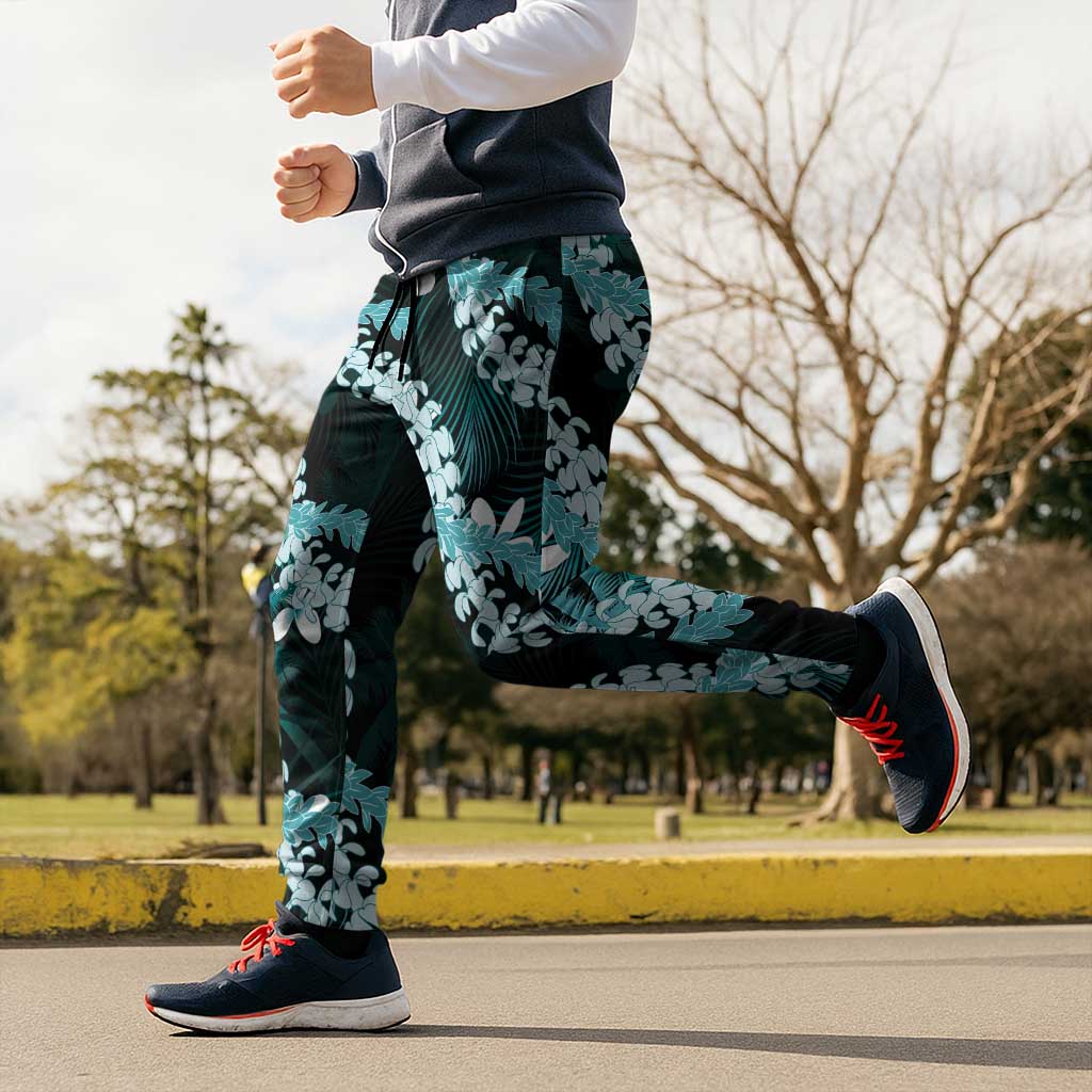 Puakenikeni Maile Lei Jogger Pants Frangipani Turquoise Tropical Leaves LT01 - Polynesian Pride