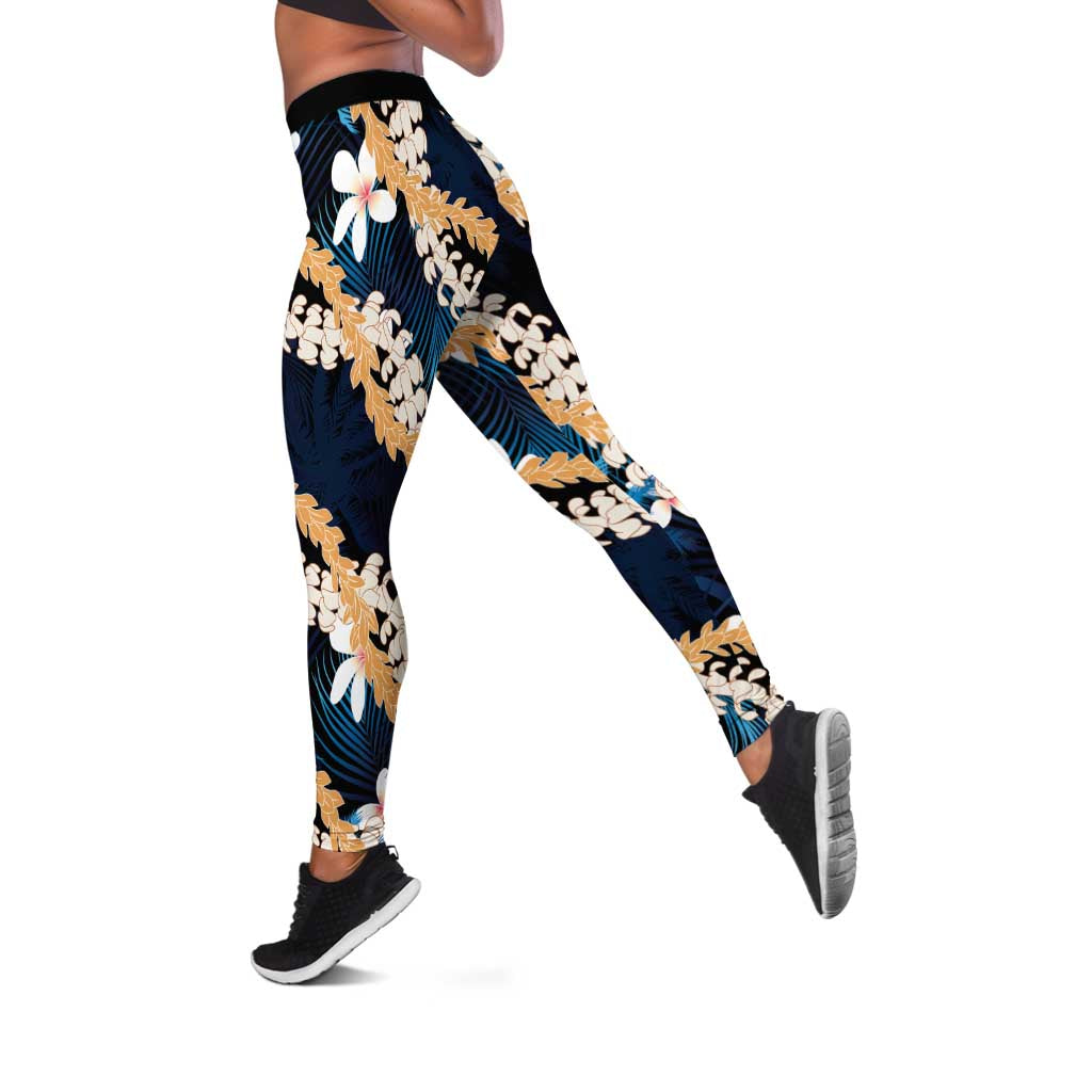 Puakenikeni Maile Lei Leggings Frangipani Blue Tropical Leaves