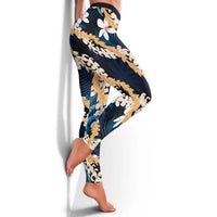 Puakenikeni Maile Lei Leggings Frangipani Blue Tropical Leaves