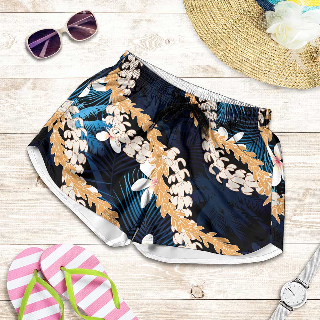 Puakenikeni Maile Lei Shorts for Women Frangipani Blue Tropical Leaves
