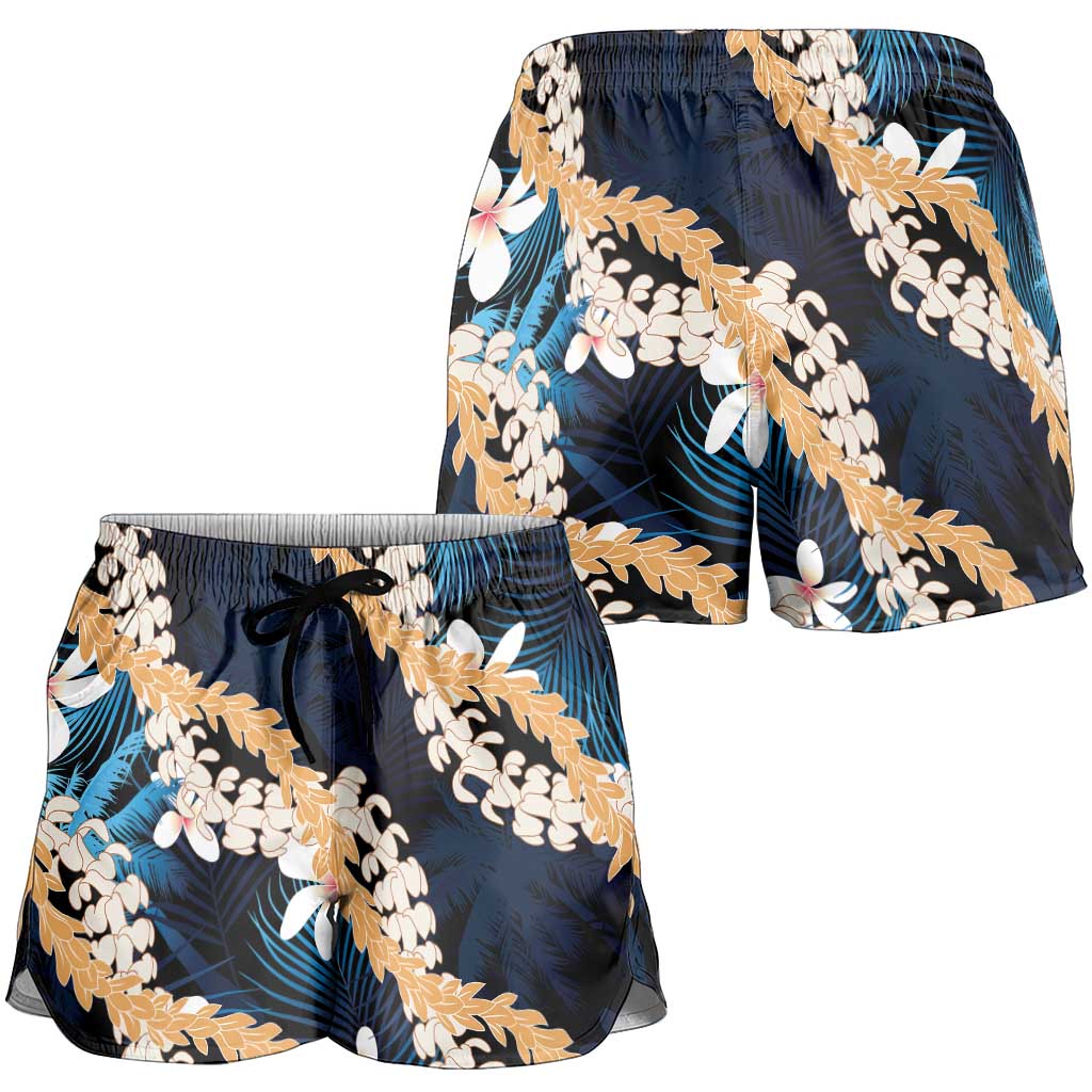 Puakenikeni Maile Lei Shorts for Women Frangipani Blue Tropical Leaves
