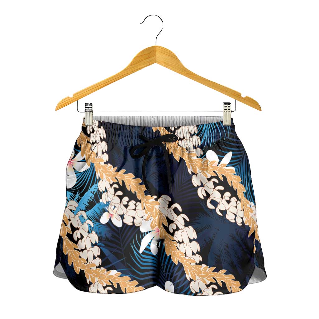Puakenikeni Maile Lei Shorts for Women Frangipani Blue Tropical Leaves