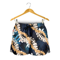 Puakenikeni Maile Lei Shorts for Women Frangipani Blue Tropical Leaves