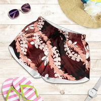 Puakenikeni Maile Lei Shorts for Women Frangipani Red Tropical Leaves