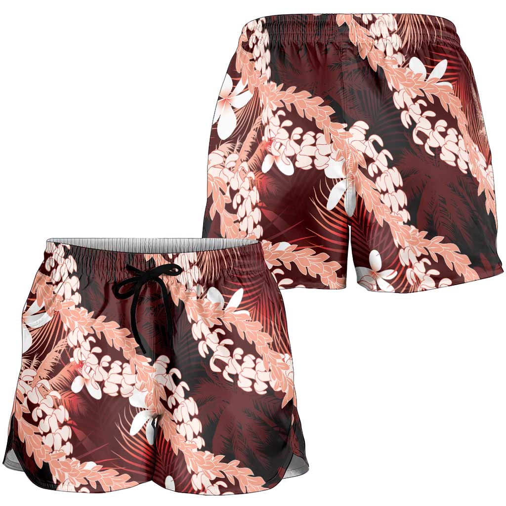 Puakenikeni Maile Lei Shorts for Women Frangipani Red Tropical Leaves