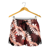Puakenikeni Maile Lei Shorts for Women Frangipani Red Tropical Leaves