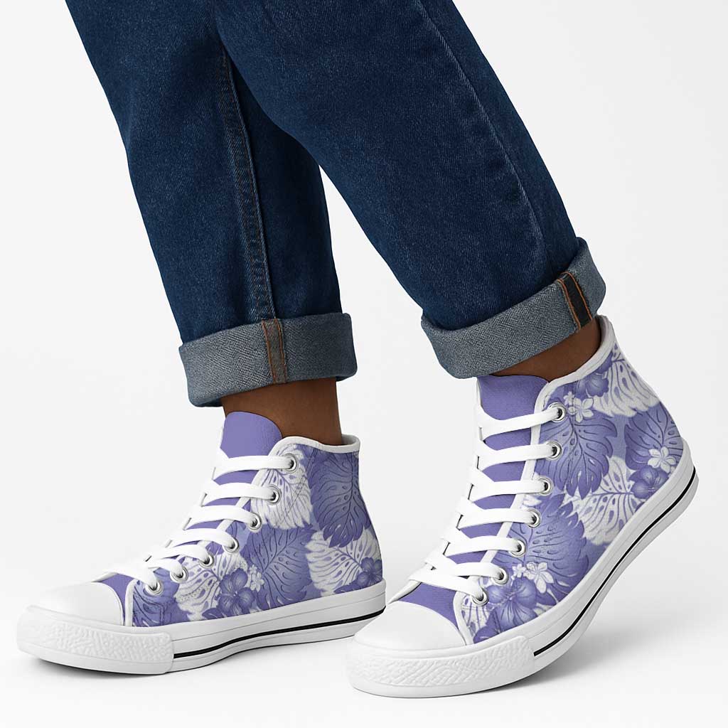 monstera shoes Purple Aloha Hawaii High Top Shoes Monstera Hibiscus Plumeria Seamless Vibes