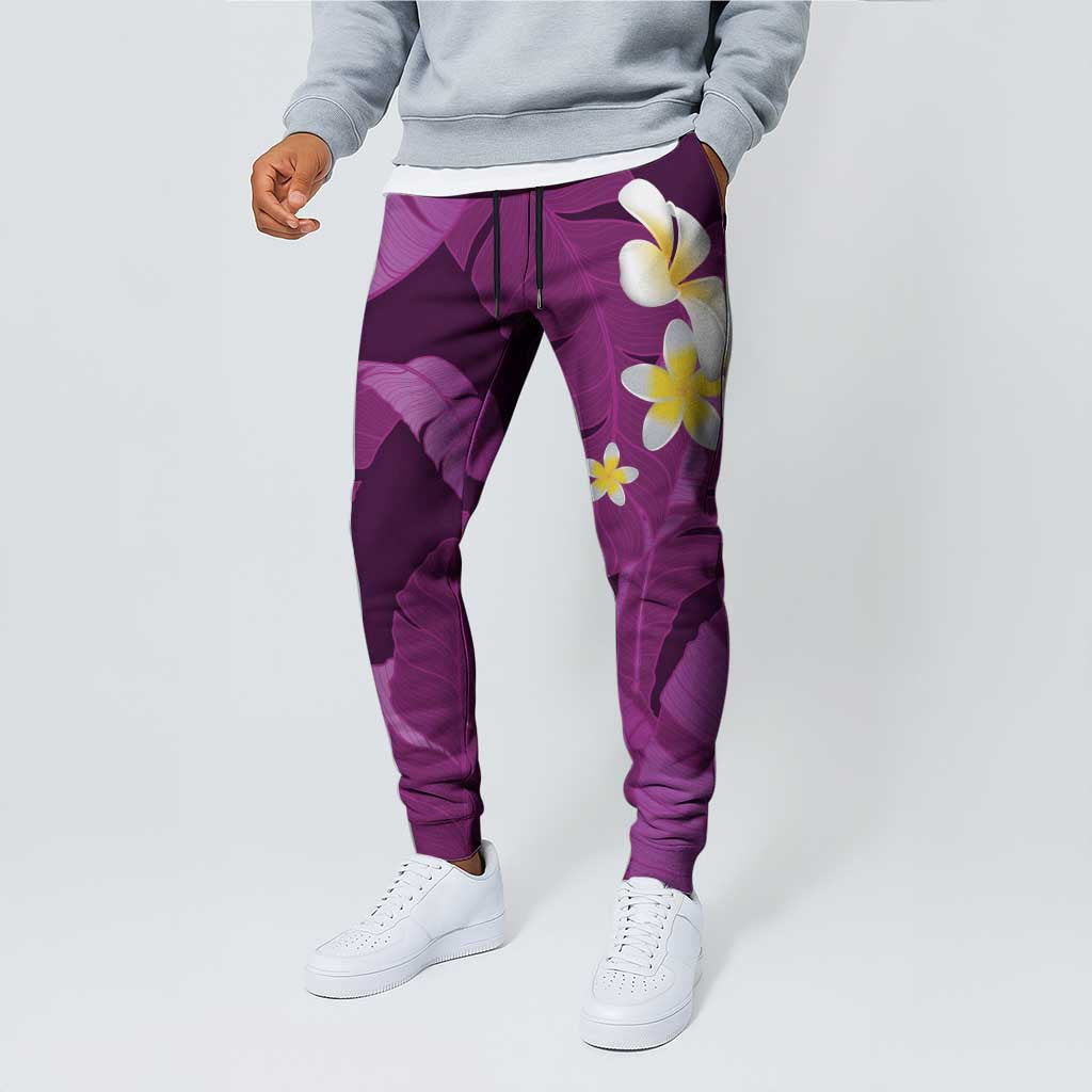 Purple Banana Leaf Hawaii Jogger Pants Lau Maia Plumeria Tropical Summer Vibes