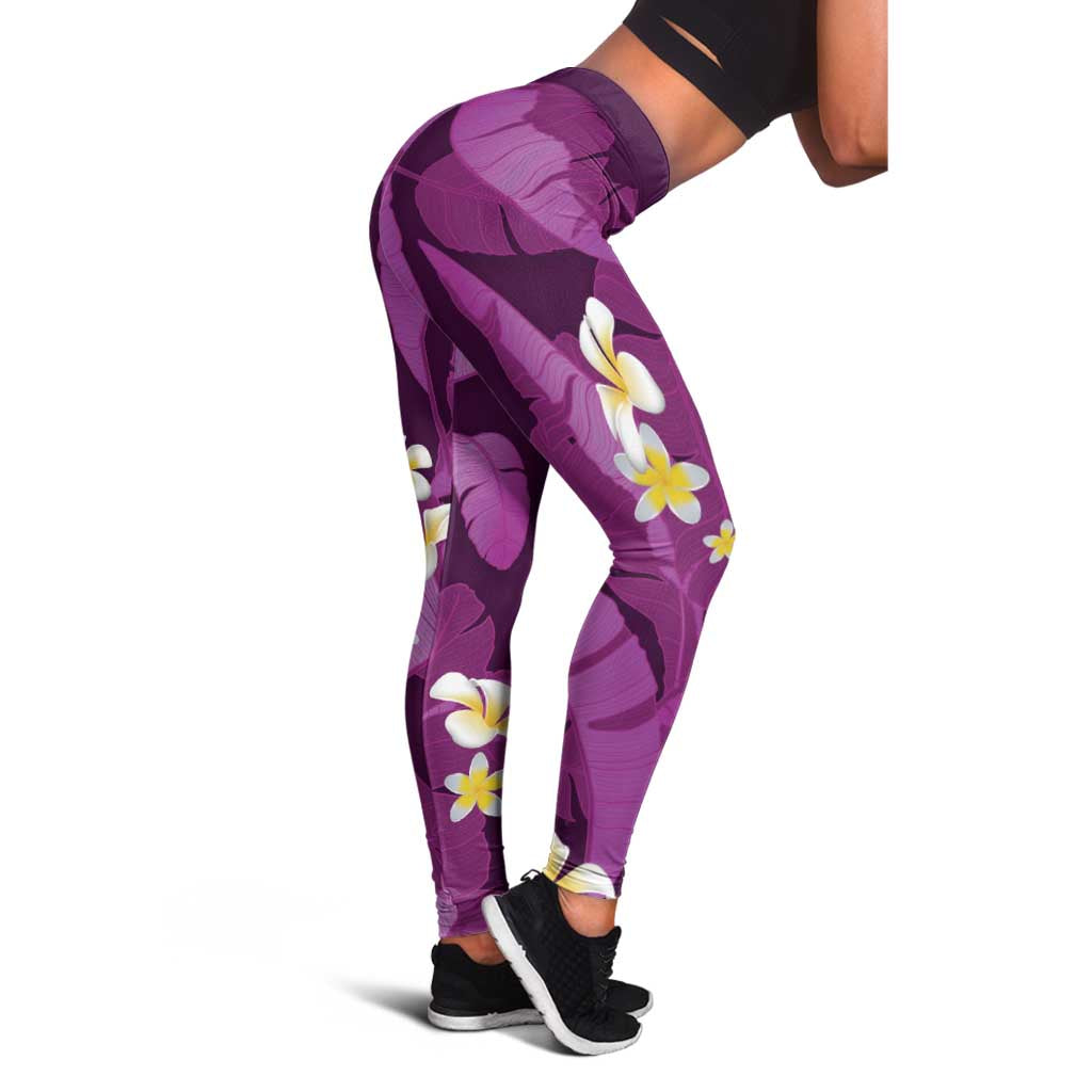 Purple Banana Leaf Hawaii Leggings Lau Maia Plumeria Tropical Summer Vibes