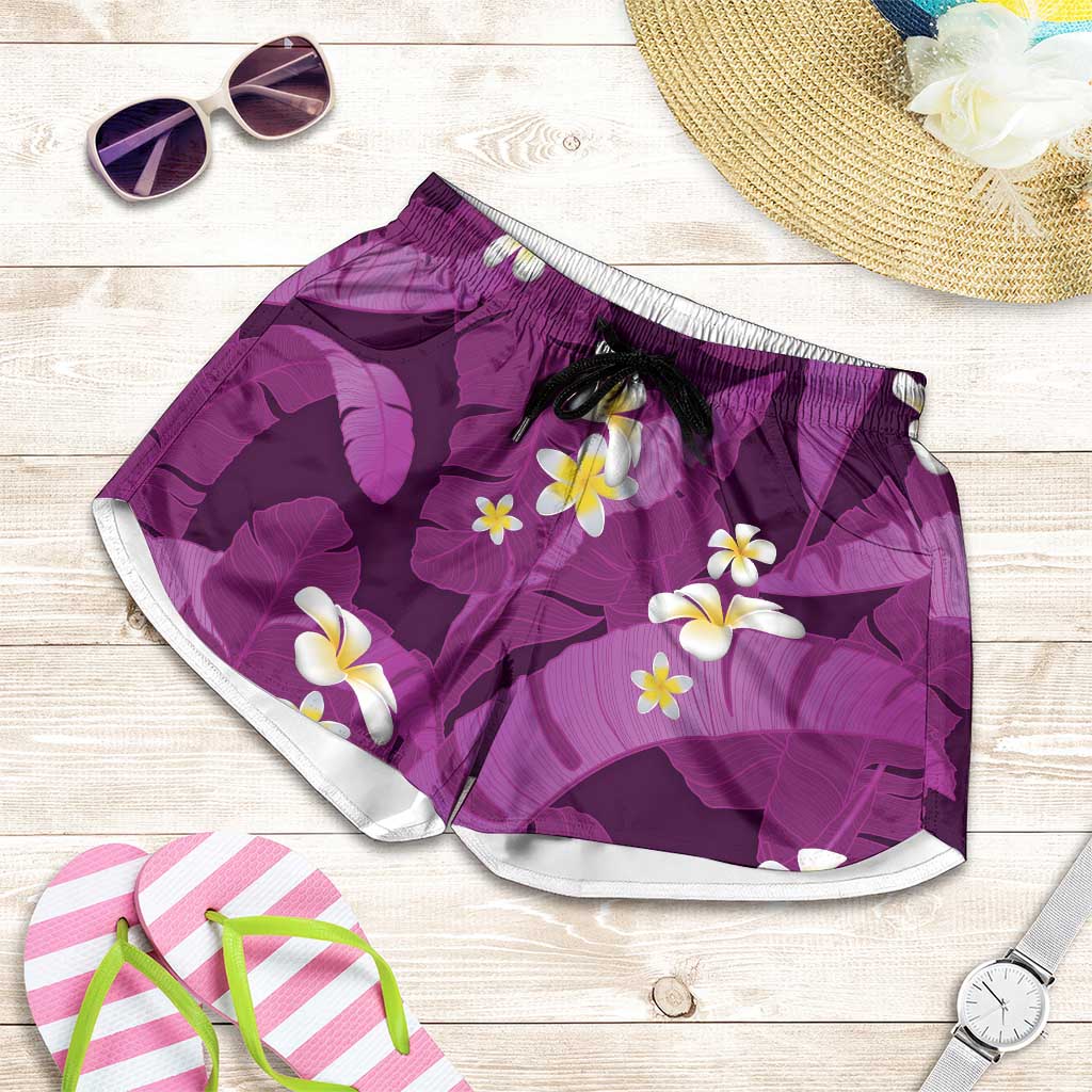 Purple Banana Leaf Hawaii Shorts for Women Lau Maia Plumeria Tropical Summer Vibes