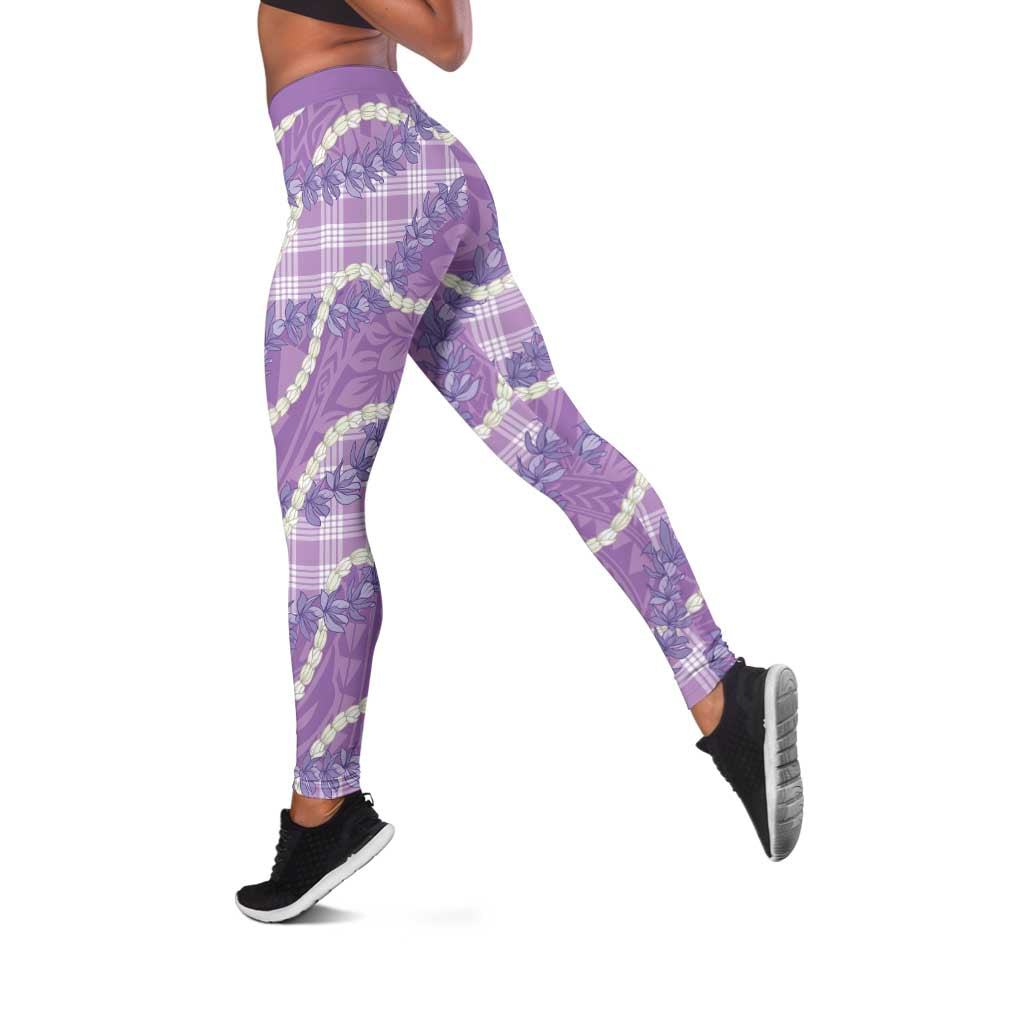Purple Hawaii Palaka Honohono Pikake Leggings Hawaiian Orchid Lei Polynesian Pattern - Polynesian Pride