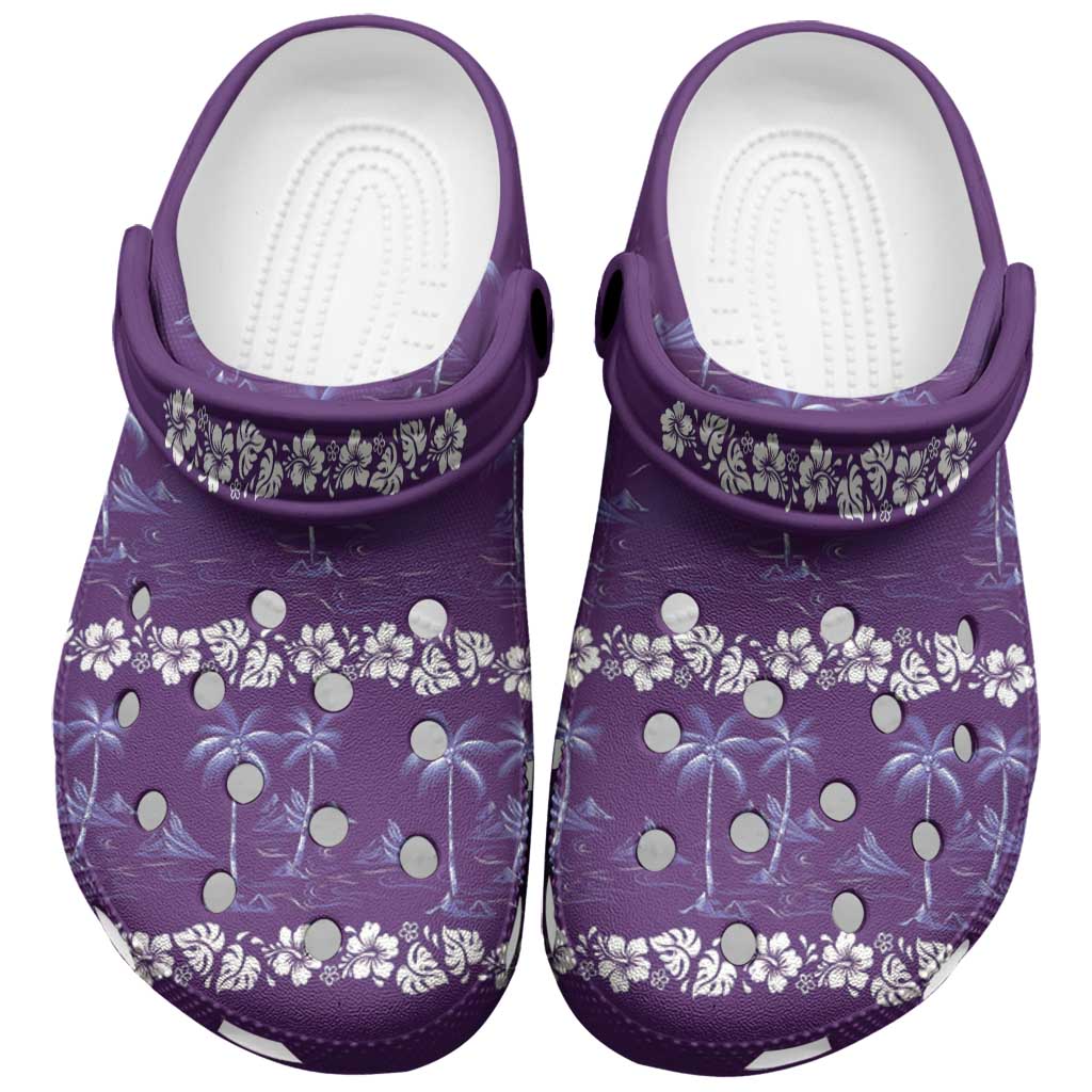 Purple Hawaii Palm Tree Hibiscus Clogs Shoes Fantasy Summer Vibe