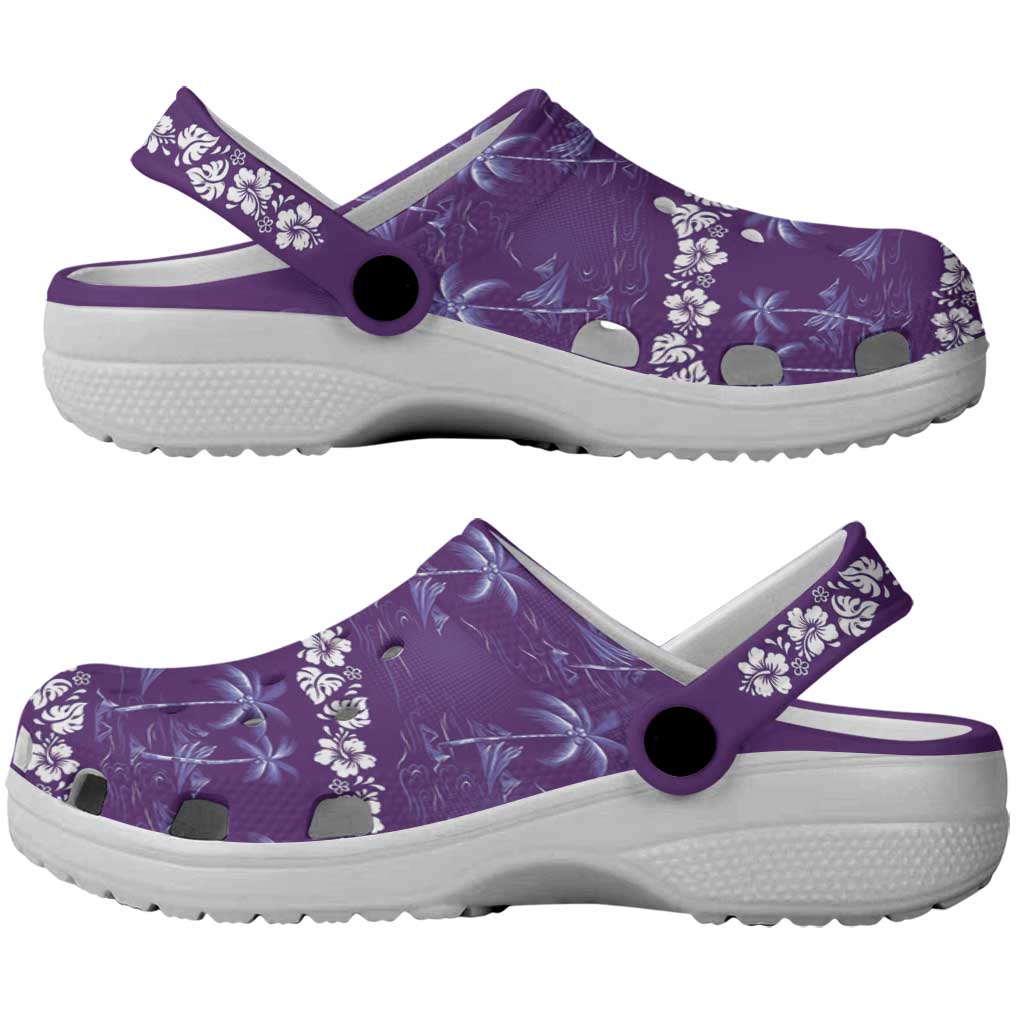 Purple Hawaii Palm Tree Hibiscus Clogs Shoes Fantasy Summer Vibe