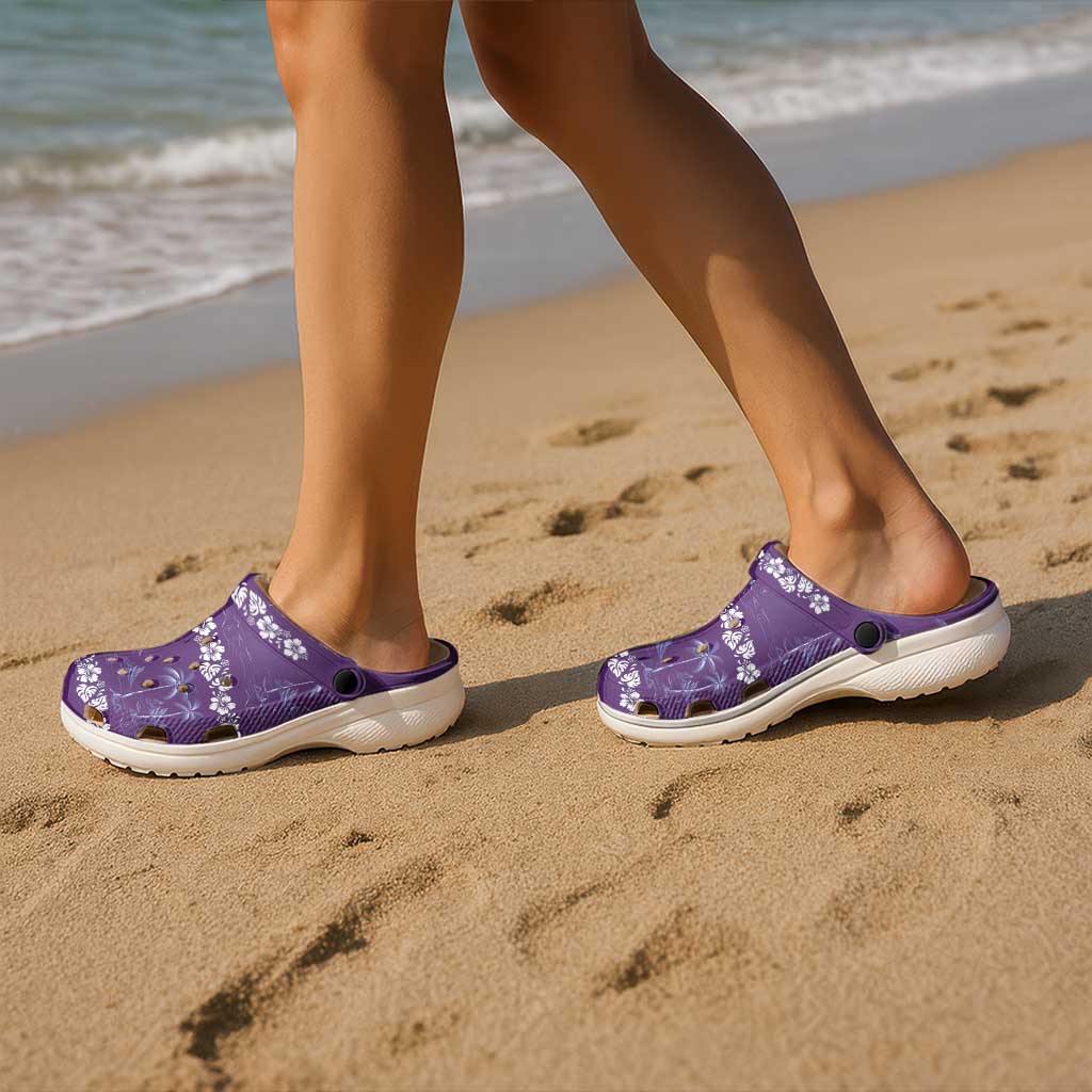 Purple Hawaii Palm Tree Hibiscus Clogs Shoes Fantasy Summer Vibe