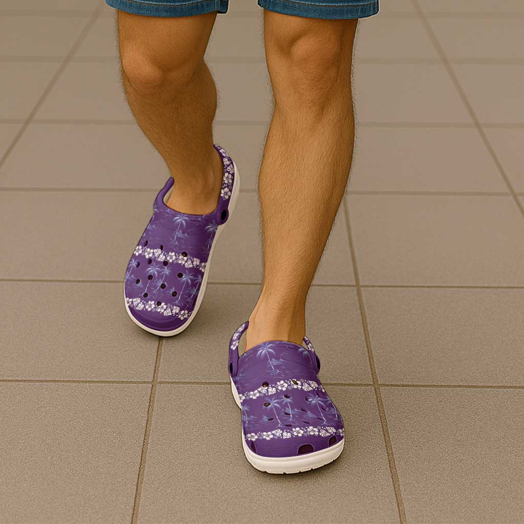 Purple Hawaii Palm Tree Hibiscus Clogs Shoes Fantasy Summer Vibe