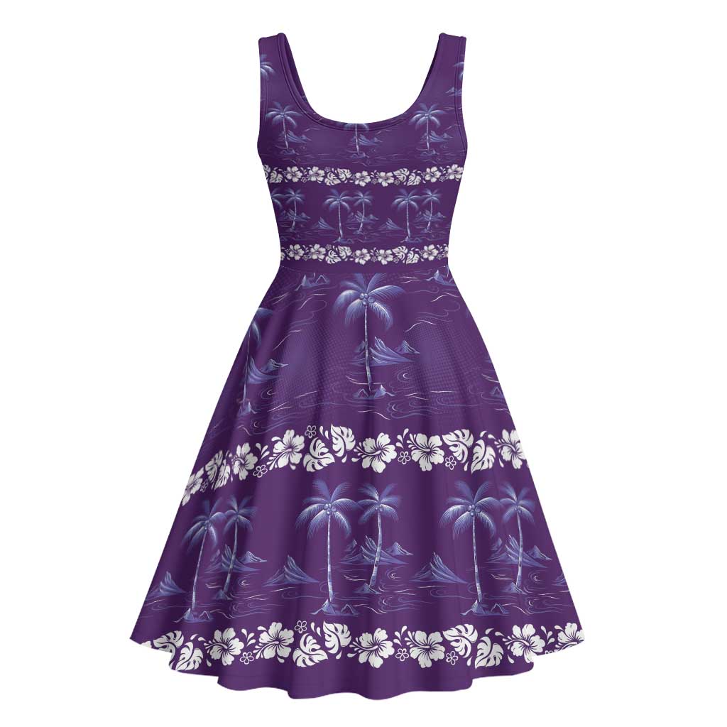 Purple Hawaii Palm Tree Hibiscus Midi Dress Fantasy Summer Vibe