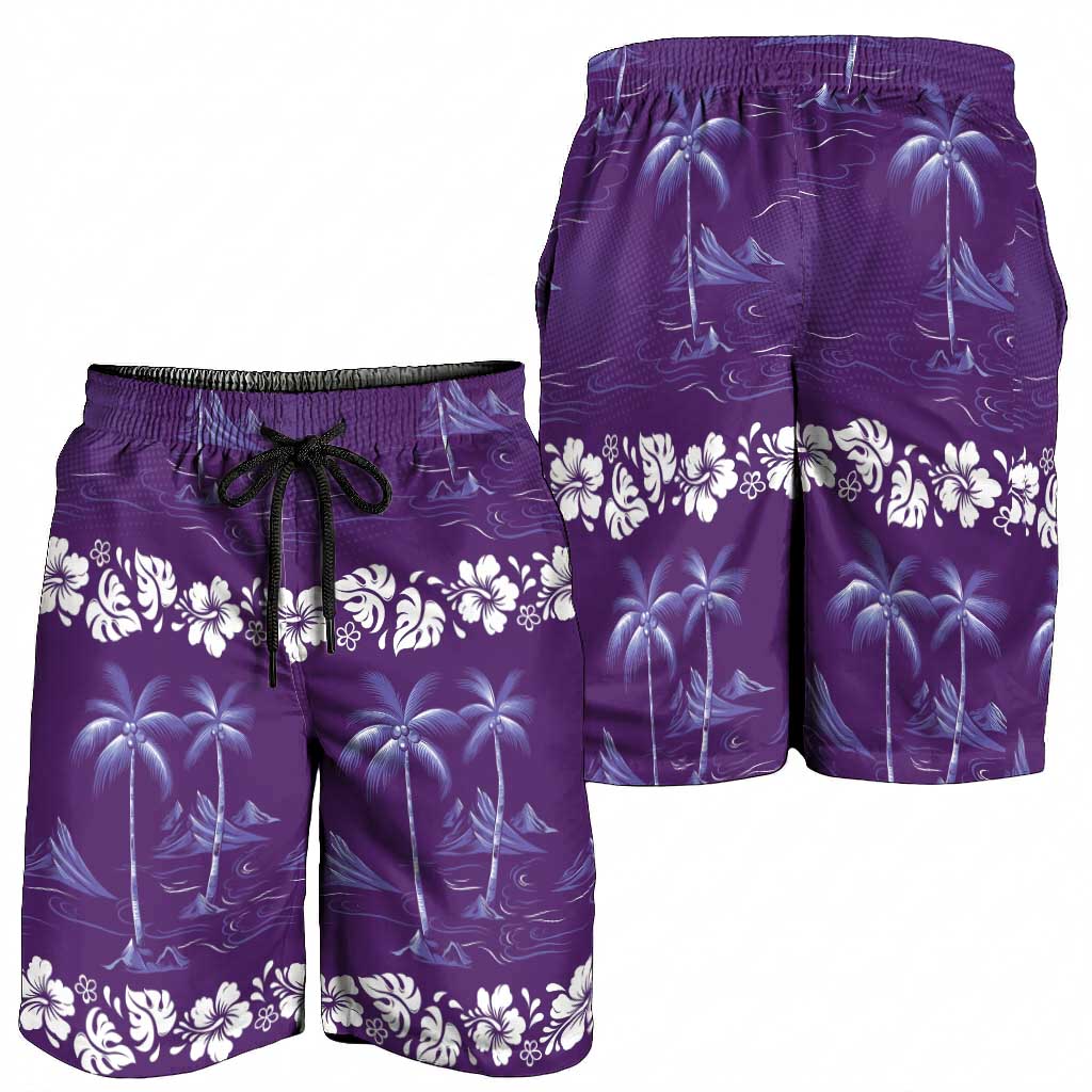 Purple Hawaii Palm Tree Hibiscus Shorts for Men Fantasy Summer Vibe