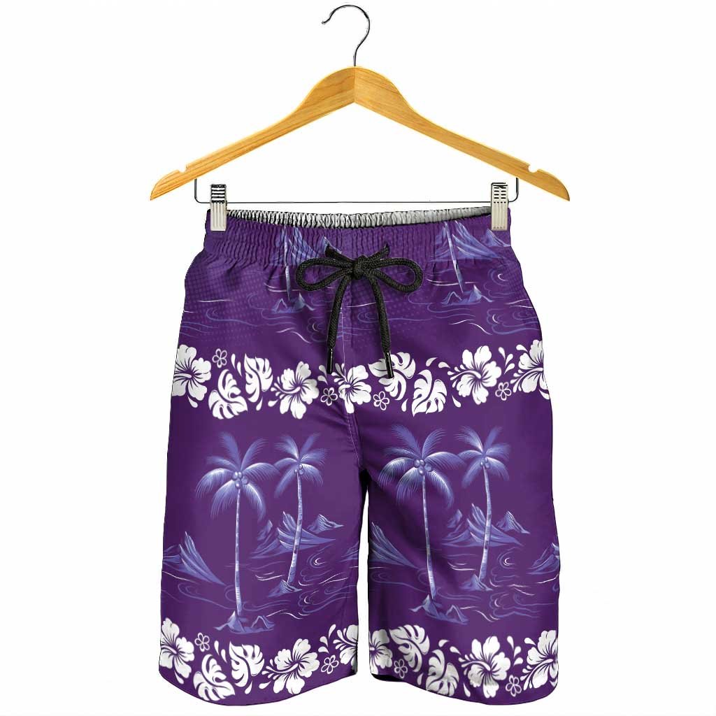 Purple Hawaii Palm Tree Hibiscus Shorts for Men Fantasy Summer Vibe