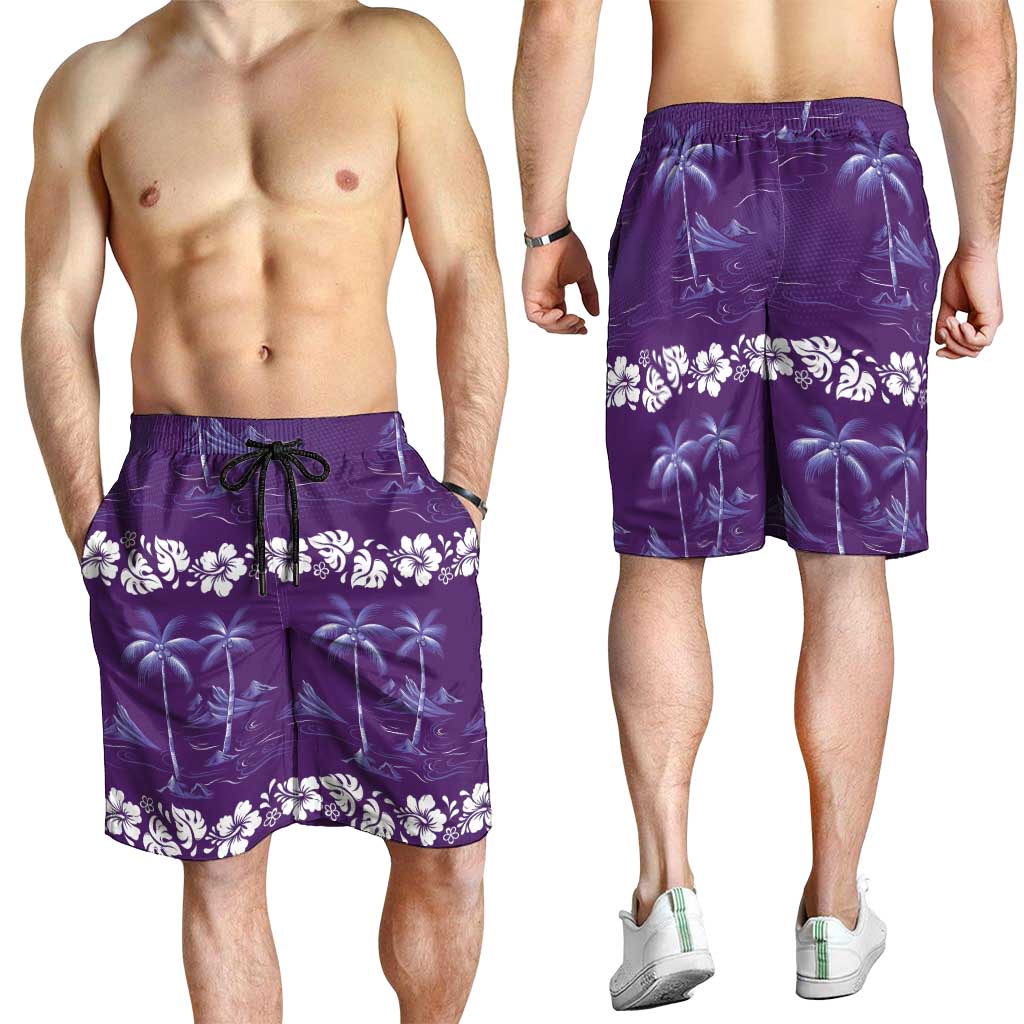Purple Hawaii Palm Tree Hibiscus Shorts for Men Fantasy Summer Vibe
