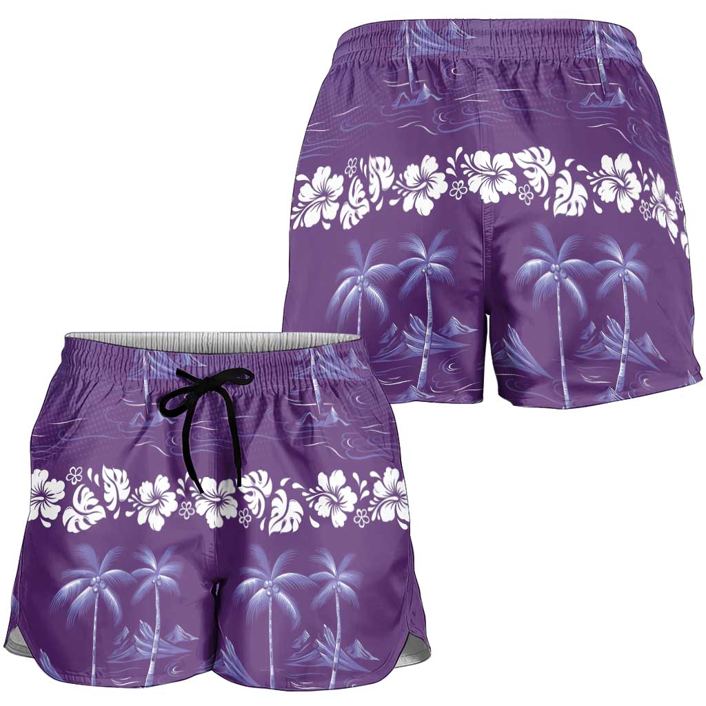 Purple Hawaii Palm Tree Hibiscus Shorts for Women Fantasy Summer Vibe