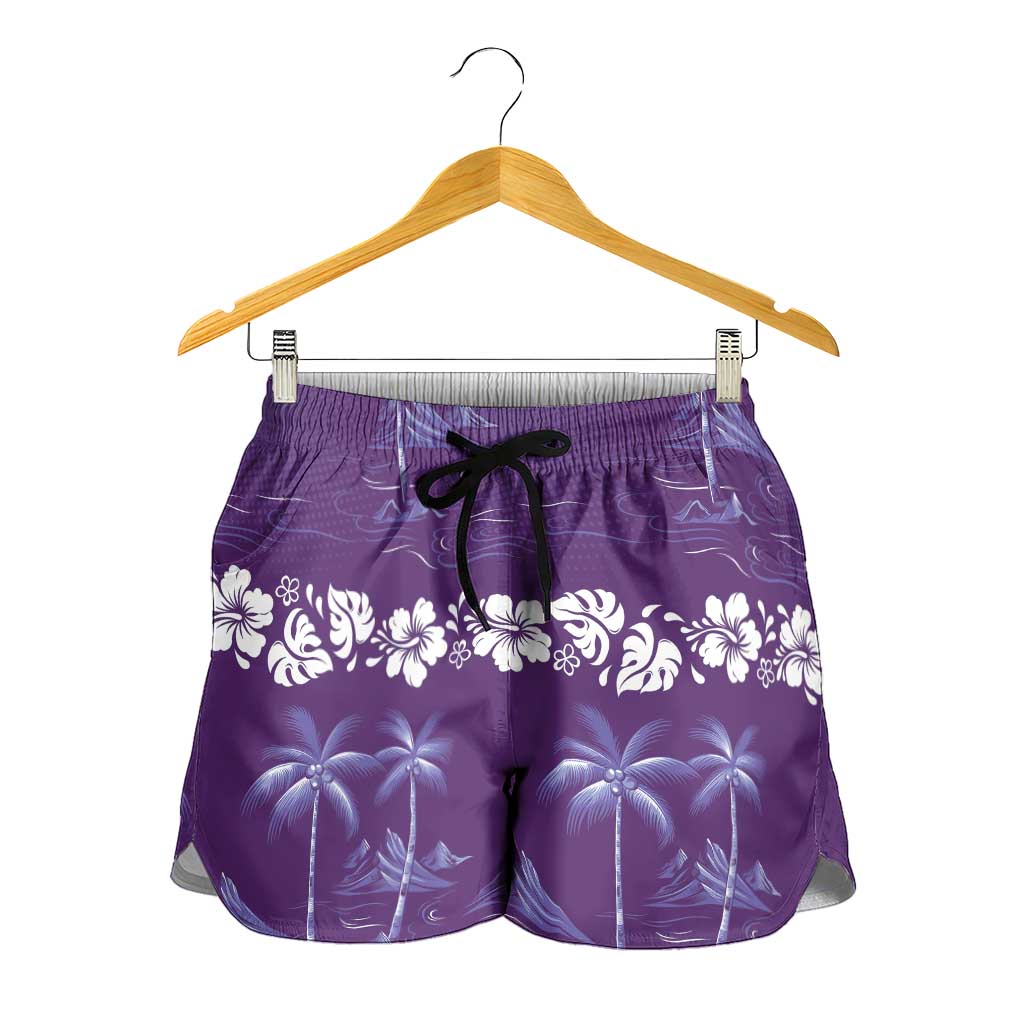 Purple Hawaii Palm Tree Hibiscus Shorts for Women Fantasy Summer Vibe