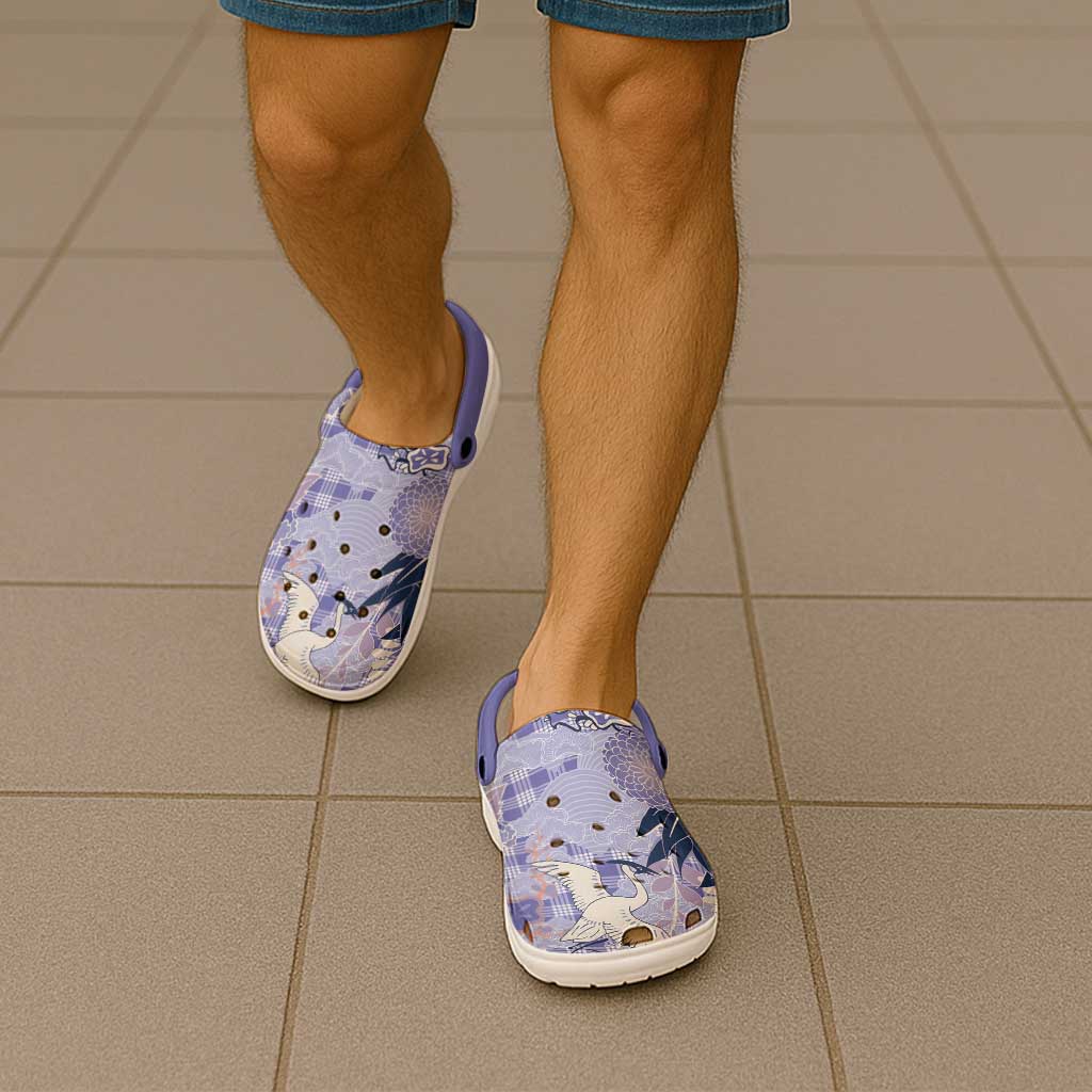 Purple Palaka Crane and Flowers Clogs Shoes Japan Heritage Spirit - Polynesian Pride