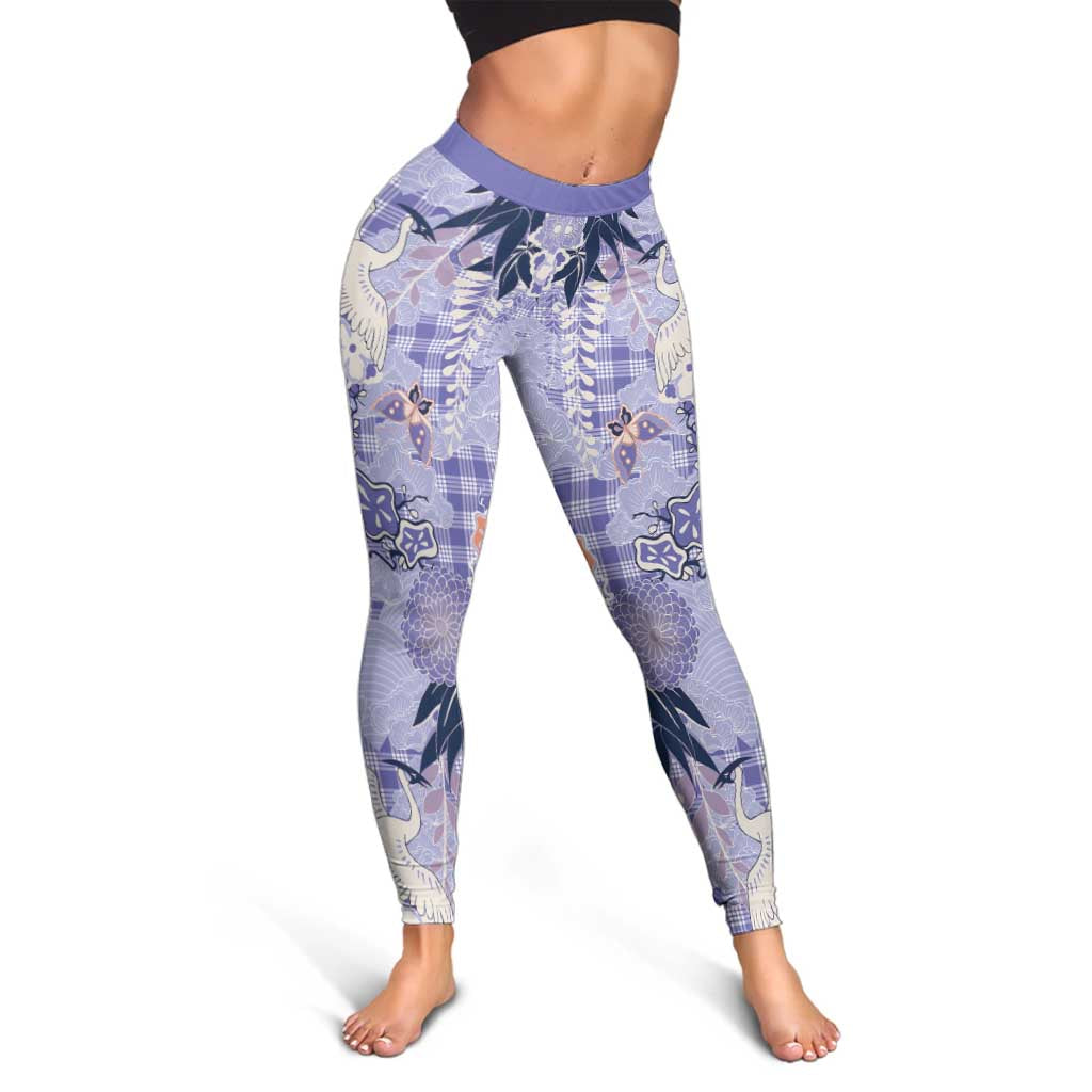 Purple Palaka Crane and Flowers Leggings Japan Heritage Spirit - Polynesian Pride