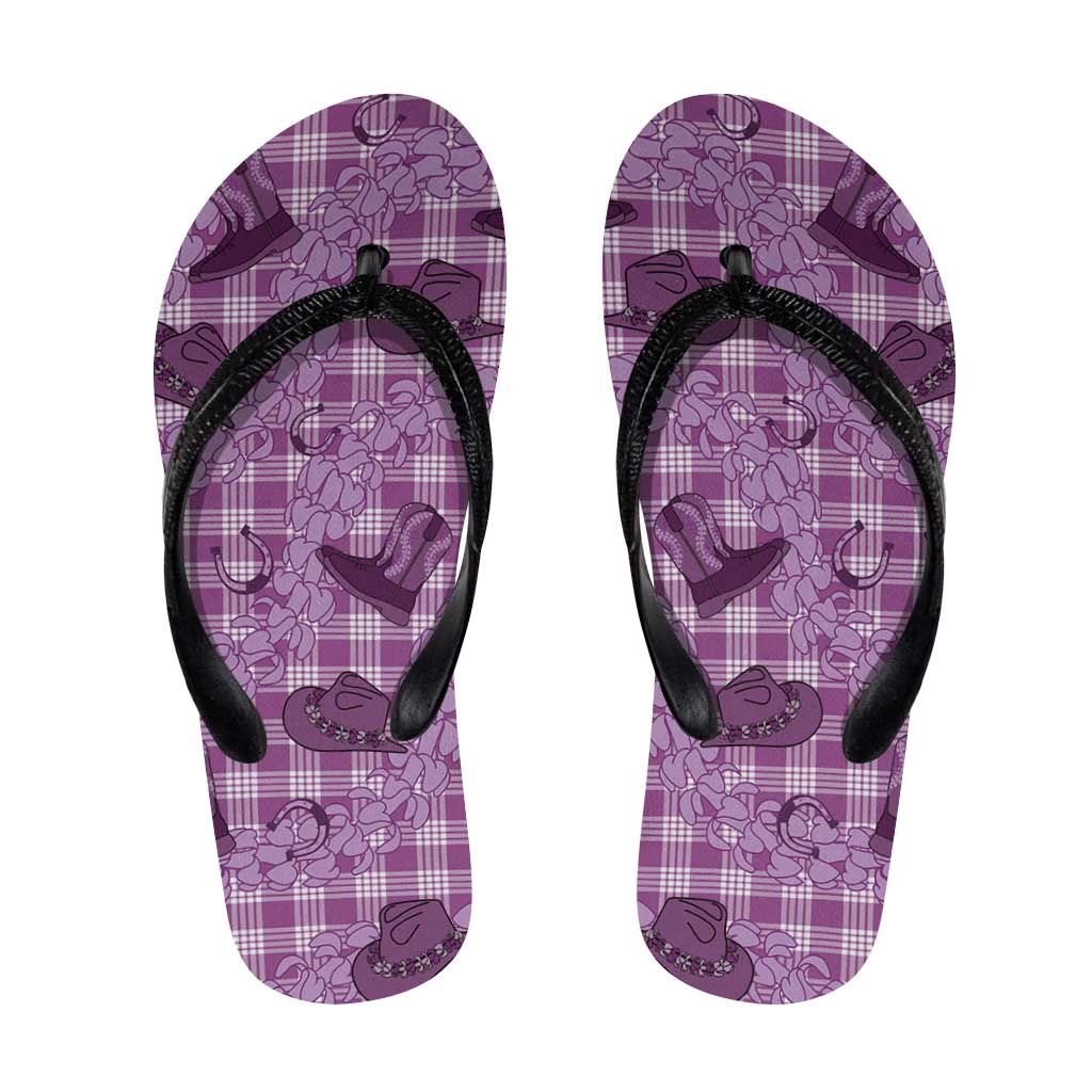 Purple Palaka Hawaii Cowboy Flip Flops Puakenikeni Lei Paniolo Papale Seamless Vibes - Polynesian Pride